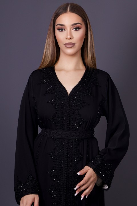 Caftan Kahina - crêpe noir perlé main