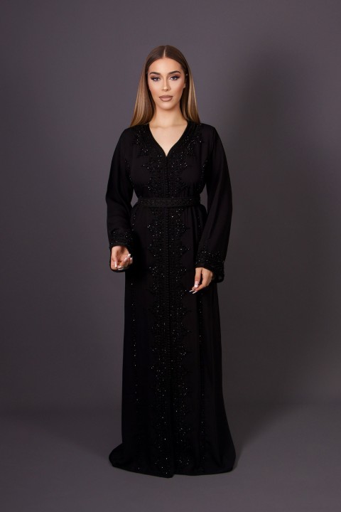 Kaftan Kahina - krep siyah el işi boncuklu