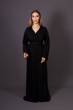 Caftan Kahina crêpe noir perlé main - caftan marocain mariage livraison Paris
