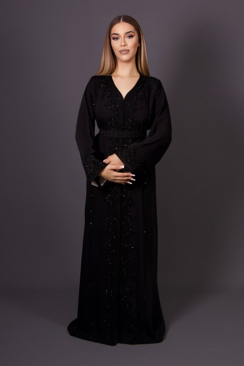 Caftan Kahina - crêpe noir perlé main