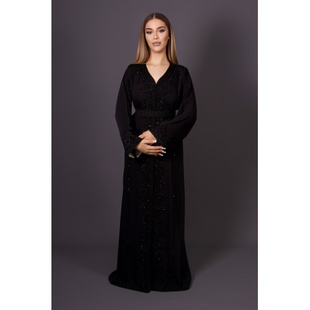 Kaftan Kahina - krep siyah el işi boncuklu