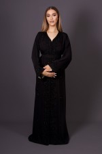 Caftan Kahina - caftan marocain crêpe noir perlé main prix et livraison