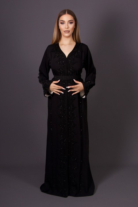 Caftan Kahina - crêpe noir perlé main