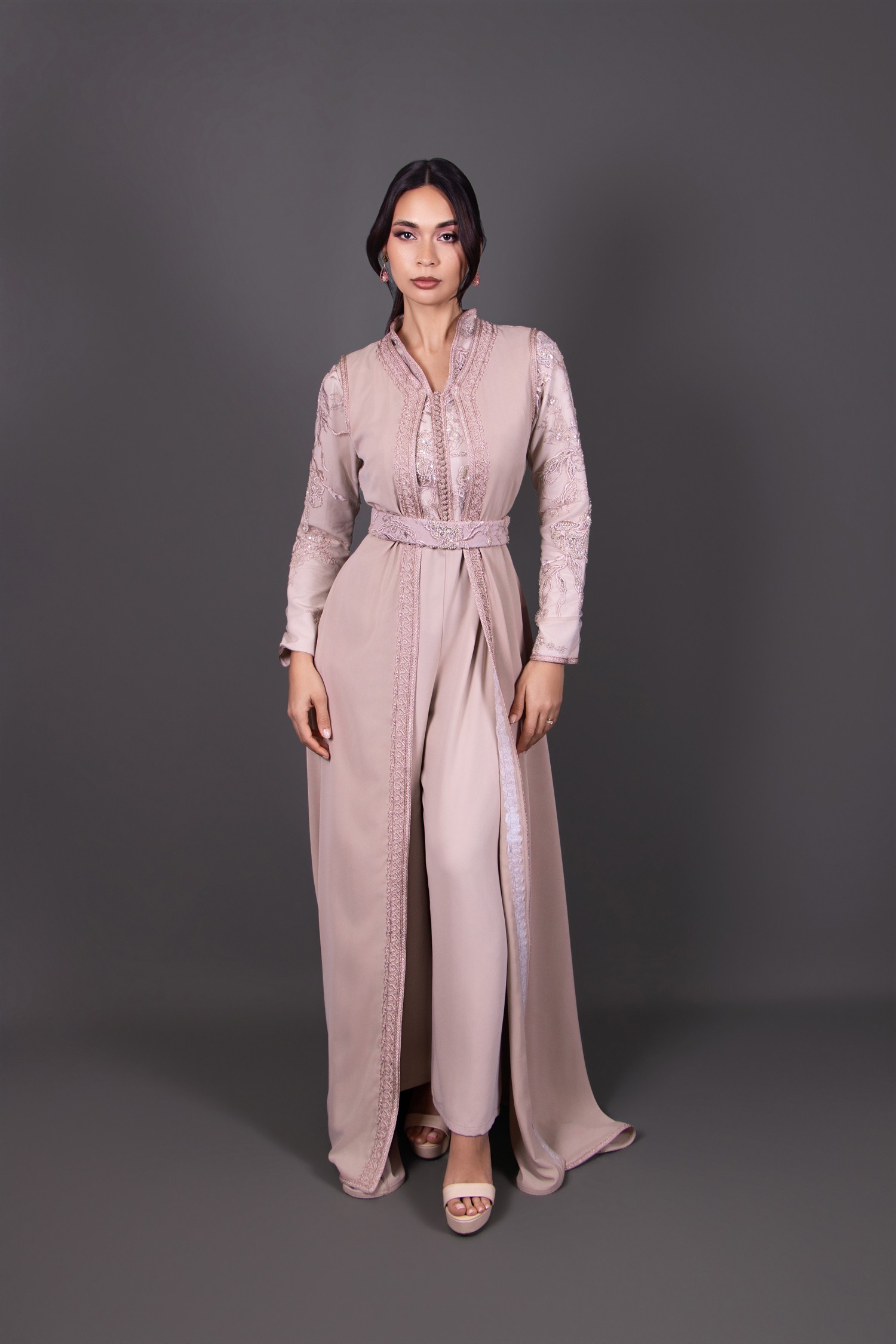 Caftan Combinaison Élégante Vieux Rose & Argent | Caftan Marocain Moderne
