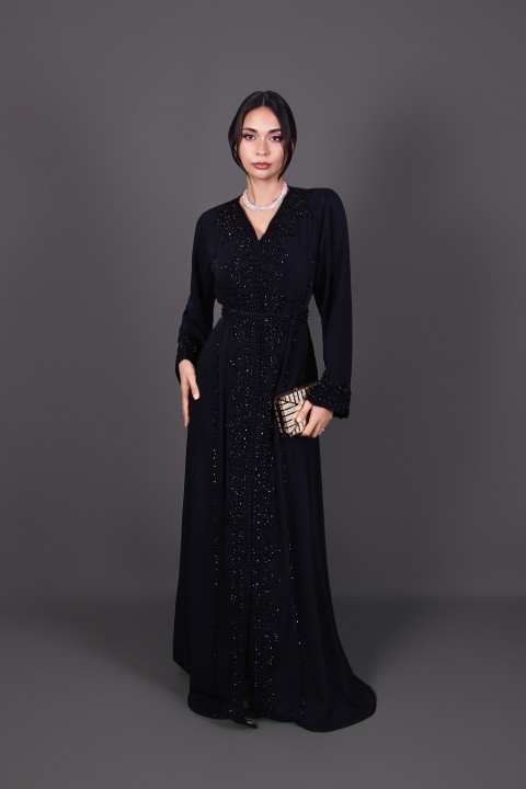 Caftan marocain de cérémonie brodé main crêpe noir perlé main - Caftan Kahina II