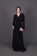 Caftan marocain de cérémonie brodé main crêpe noir perlé main - Caftan Kahina II