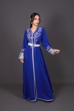 Caftan marocain moderne brodé bleu roi argenté - Caftan Zina sur mesure