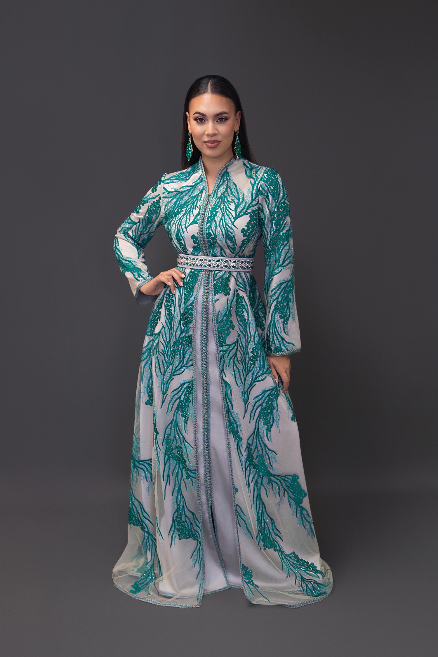 Modern Grey and Turquoise Green Caftan – Elegant Kaftan Dress for Weddings