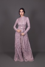 Takchita marocaine de cérémonie brodée main moderne rose argenté - Takchita Jouhara