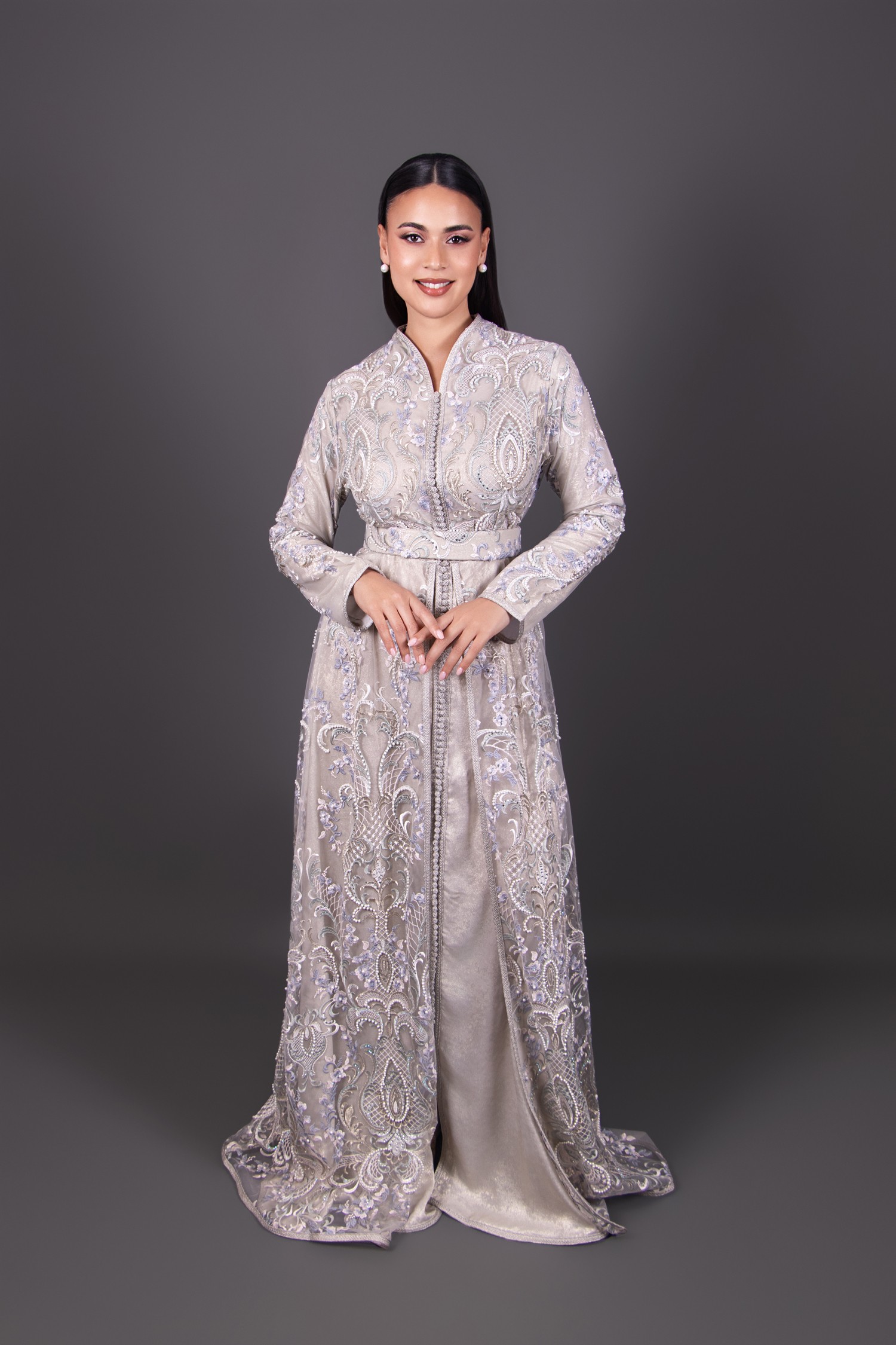 Cornelya Silver & Blue Caftan – Luxury Moroccan Lace Caftan