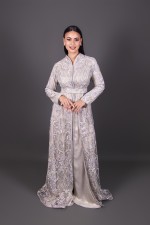 Acheter caftan marocain mariage col montant dentelle argenté bleu - Caftan Meriem