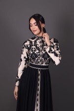 Commander takchita marocaine col montant fluide noir beige - Caftan Firdaous