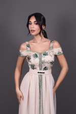 Caftan Jadia, caftan marocain takchita marocaine haute couture moderne beige vert