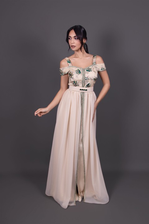 Takchita marocaine moderne beige vert - Caftan Jadia - vente en ligne Rabat