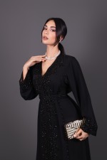 Caftan Kahina II crêpe noir perlé main - caftan marocain mariage livraison Strasbourg