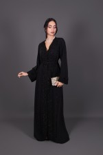 Acheter caftan marocain de soirée crêpe noir perlé main - Caftan Kahina II