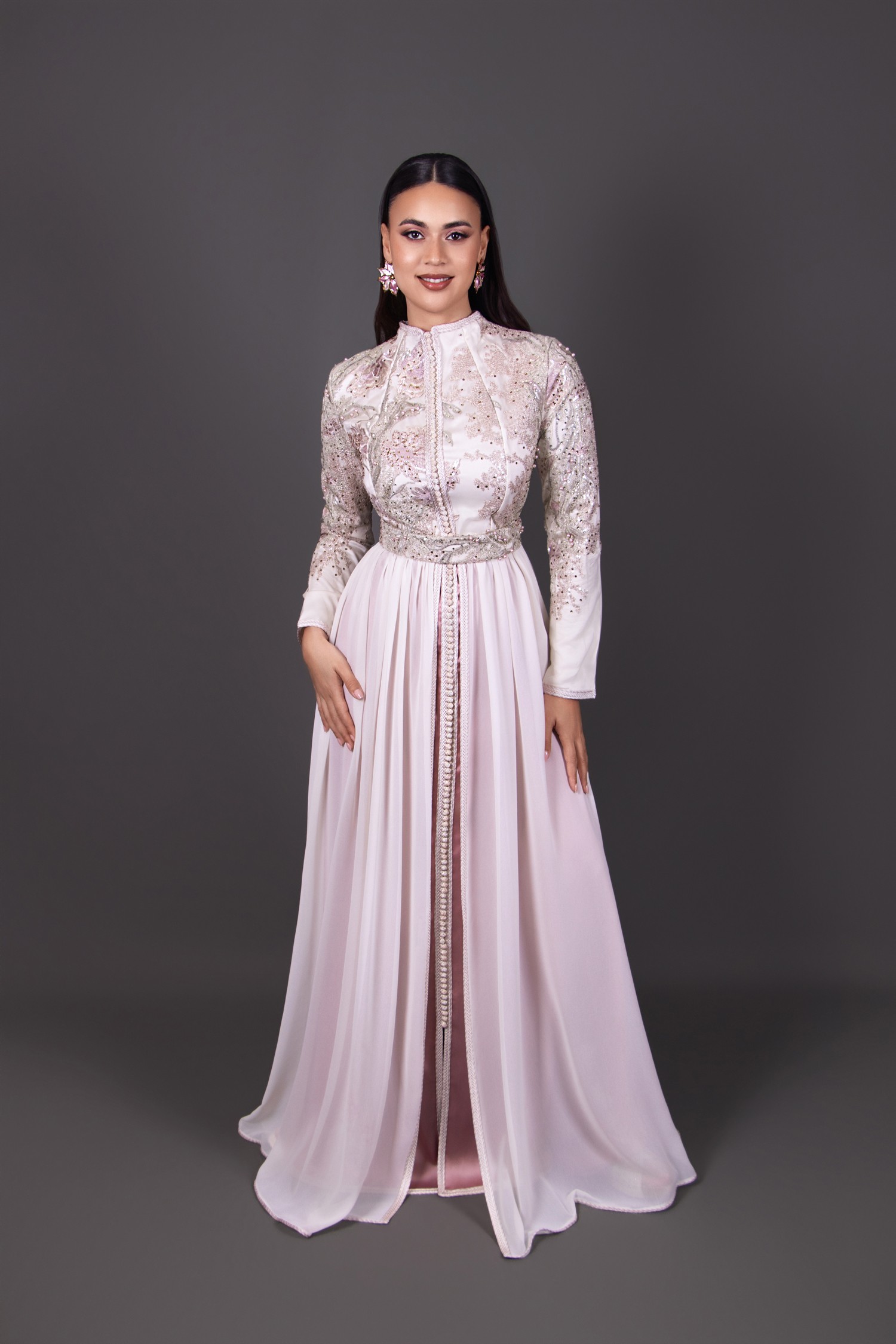 Dakota Fancy Dusty Pink & Ecru Caftan – Chic Moroccan Caftan