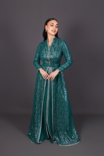 Caftan Nadra - takchita marocaine de mariée dentelle coupe ajustée vert argenté