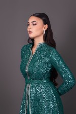 Acheter takchita marocaine mariage dentelle coupe ajustée vert argenté - Caftan Nadra