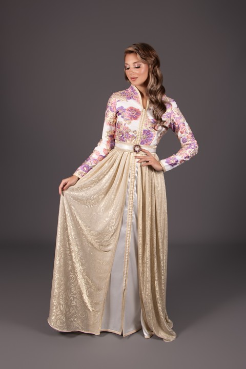 Acheter caftan marocain mariage moderne brocart ivoire doré - Caftan Maha
