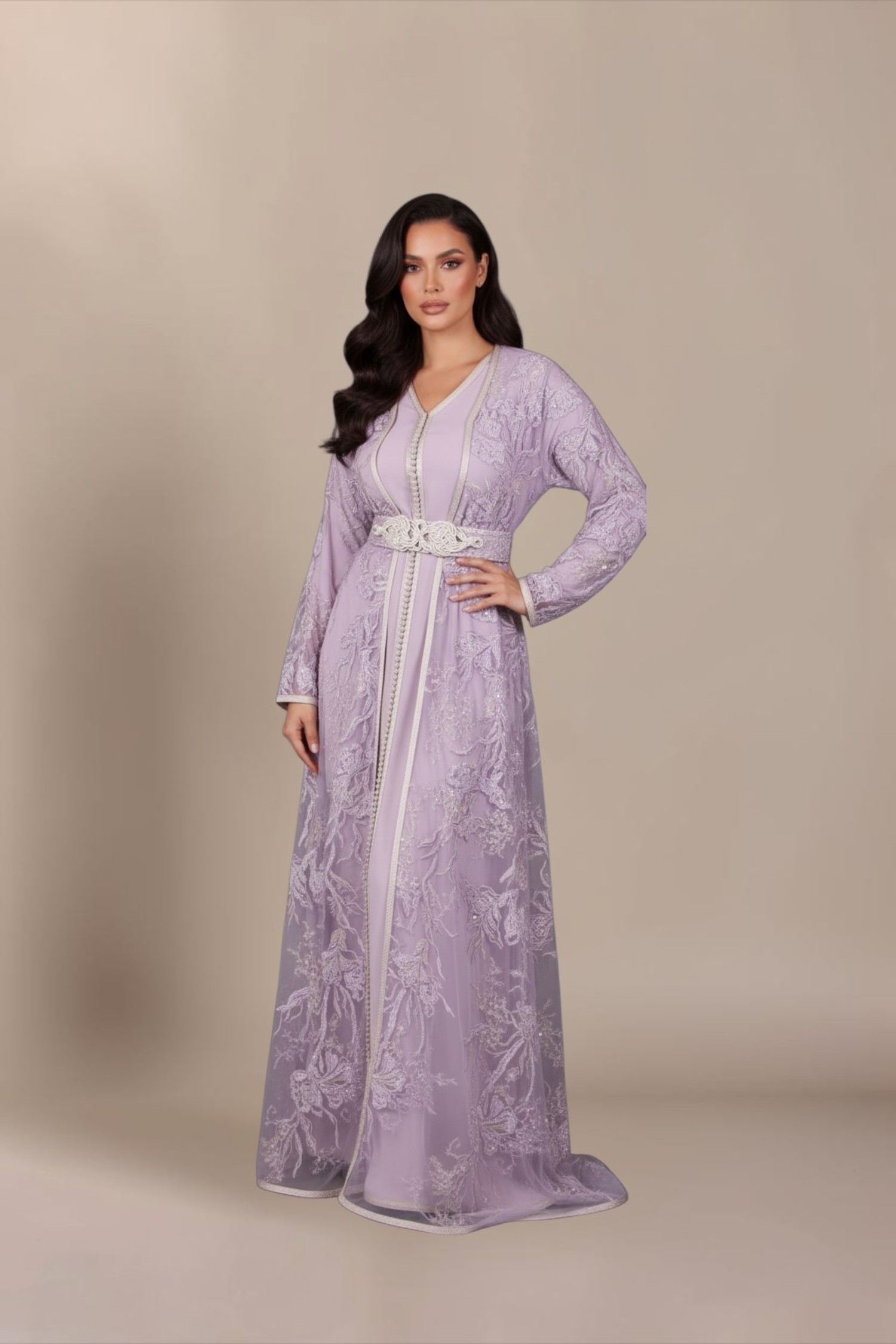 Kaftan Malvina - lace hand-beaded mauve