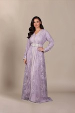 Caftan Malvina - takchita marocaine de mariée dentelle perlé main mauve