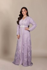 Commander takchita marocaine dentelle perlé main mauve - Caftan Malvina