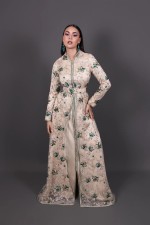 Takchita marocaine - Caftan col montant beige vert émeraude Zumurruda - vente en ligne Rabat